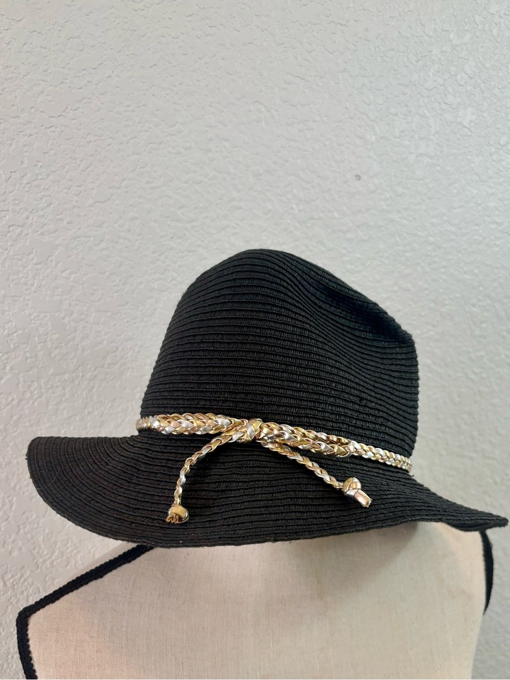 August Hats Black Wide-Brim Straw Hat with Metallic Braided Band